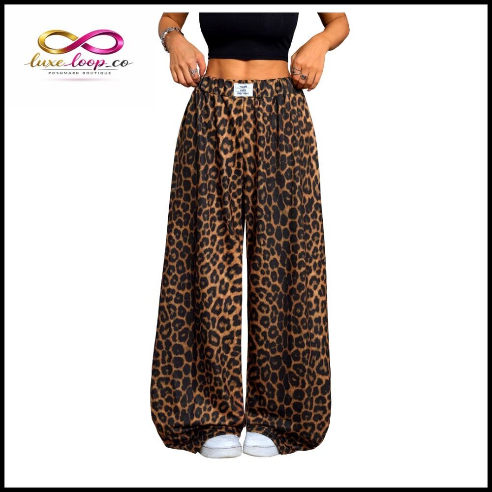 Leopard Print Wide Leg Pants Elastic Waist Casual Loose Trousers